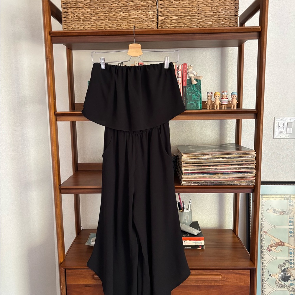 Zara Black Strapless Wide-Leg Jumpsuit with Ruffle Overlay
